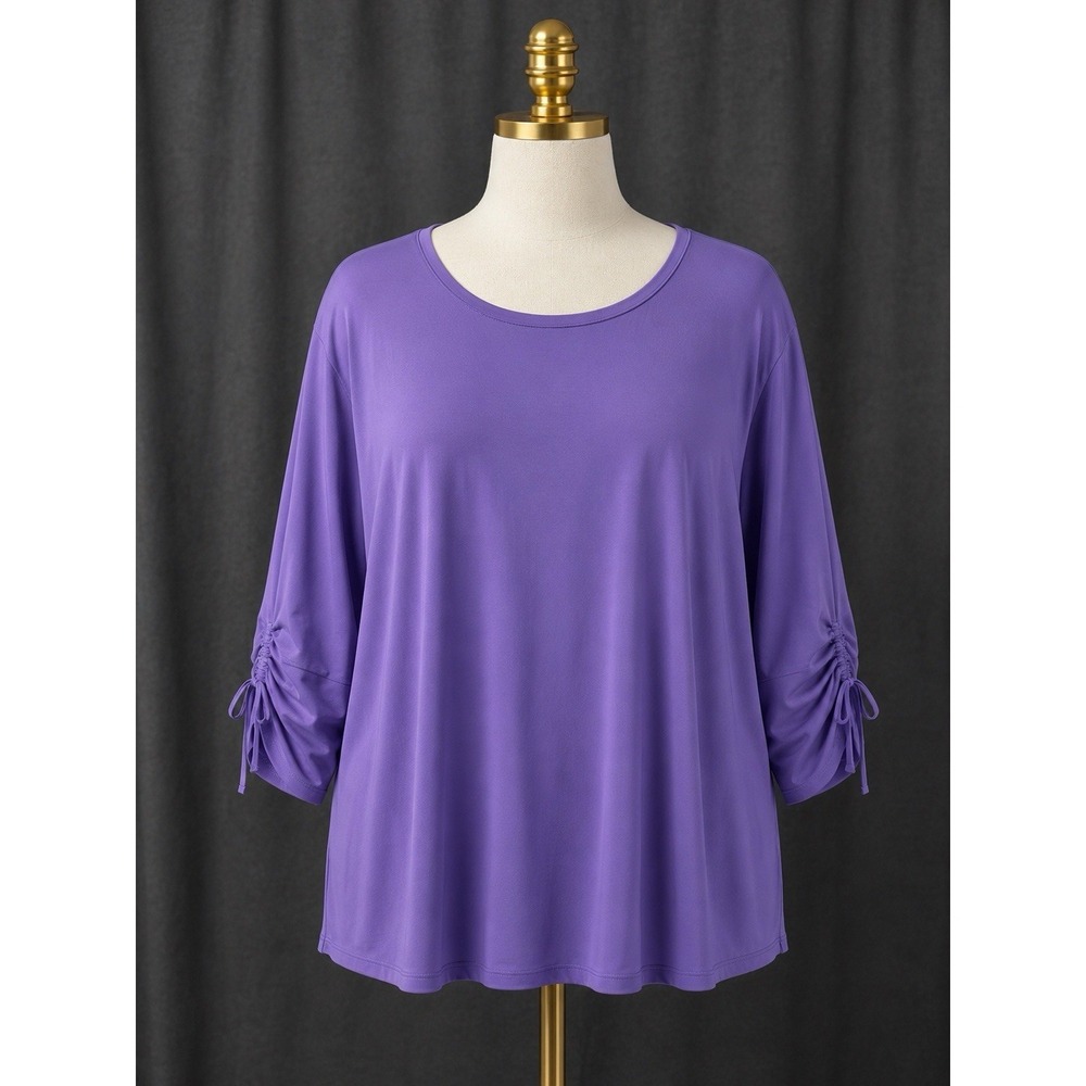 Susan Graver Liquid Knit Ruched Elbow Sleeve Top Ties Purple Size 3X